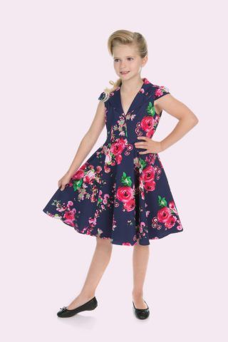 50s style φλοράλ παιδικό φόρεμα, με γιακά, μανίκια cap και κλος φούστα. 