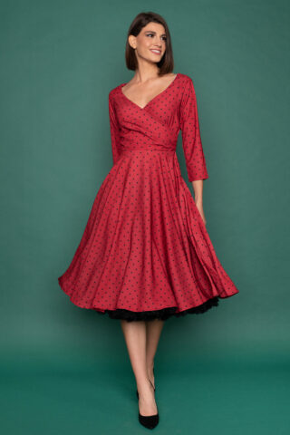 Κόκκινο 50s πουά φόρεμα vintage με 3/4 μανίκια, σε μεσάτη γραμμή, με κρουαζέ λαιμουδιά και κλος φούστα μέχρι το γόνατο, ιδανικό για όλες τις ώρες!