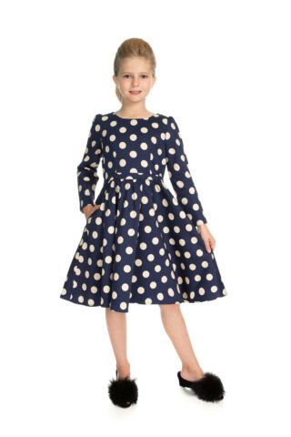 Μπλε ρετρό μίντι παιδικό φόρεμα σε vintage γραμμή με εκρού πουά, μακριά μανίκια και τσέπες.