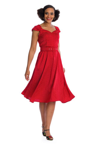 Midi κλος κόκκινο πουά φόρεμα σε vintage γραμμή, διαχρονικό και ιδανικό να φορεθεί από το πρωί μέχρι το βράδυ.