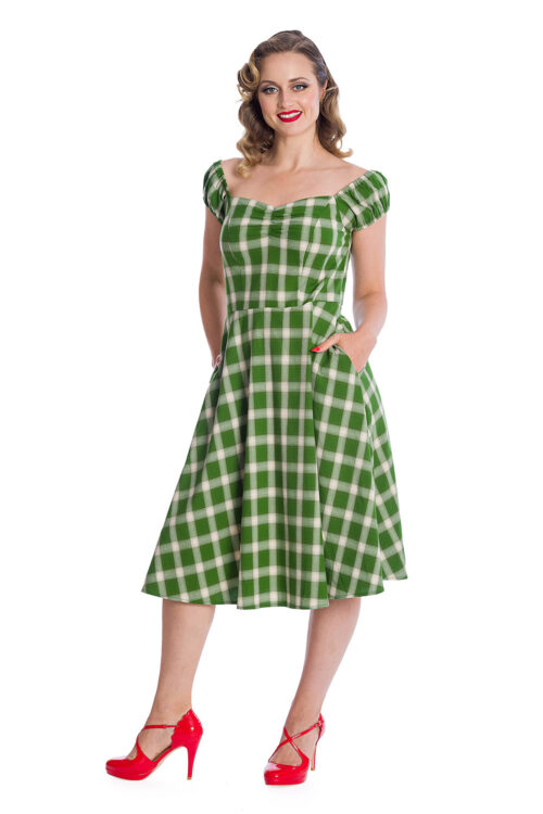 Πράσινο καρό κλος φόρεμα σε vintage γραμμή με κλος φούστα μέχρι το γόνατο, διαχρονικό και ιδανικό να φορεθεί όλες τις ώρες της ημέρας.