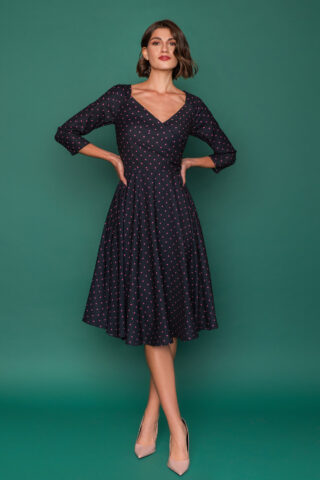 Μαύρο 50s πουά φόρεμα vintage με 3/4 μανίκια, σε μεσάτη γραμμή, με κρουαζέ λαιμουδιά και κλος φούστα μέχρι το γόνατο, ιδανικό για όλες τις ώρες!