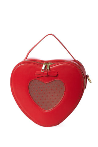 Κομψή κόκκινη τσάντα σε σχήμα καρδιάς, με πουά διαφάνεια μπροστά και αποσπώμενο λουράκια για τον ώμο. Υπέροχη τσάντα για όλες τις ώρες!
