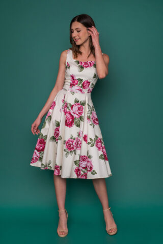 Midi φλοράλ 50s κλος φόρεμα με λουλούδια, σε μεσάτη γραμμή, με μπούστο καρδιά και κλος φούστα μέχρι το γόνατο, ιδανικό για μια εμφάνιση σε ένα γάμο, μια βάφτιση ή μια ιδιαίτερη περίσταση.