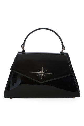 50s τσαντάκι από μαύρο λουστρίνι faux leather, με ασημί αστέρι και κοντό χερούλι. Διαθέτει μακρύ λουράκι για να φορεθεί και στον ώμο από το πρωί μέχρι το βράδυ, με το vintage ή rockabilly outfit σας!