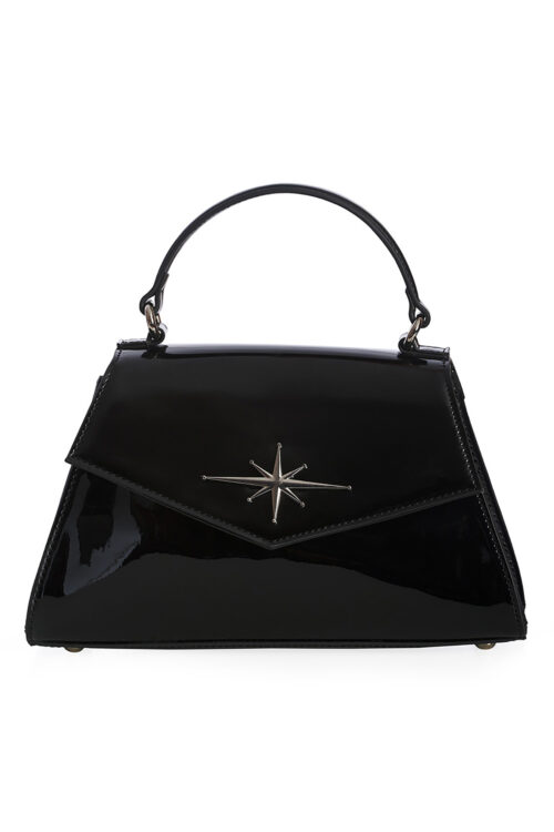 50s τσαντάκι από μαύρο λουστρίνι faux leather, με ασημί αστέρι και κοντό χερούλι. Διαθέτει μακρύ λουράκι για να φορεθεί και στον ώμο από το πρωί μέχρι το βράδυ, με το vintage ή rockabilly outfit σας!