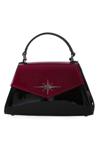 50s τσαντάκι από μαύρο και μπορντό λουστρίνι faux leather, με ασημί αστέρι και κοντό χερούλι. Διαθέτει μακρύ λουράκι για να φορεθεί και στον ώμο από το πρωί μέχρι το βράδυ, με το vintage ή rockabilly outfit σας!