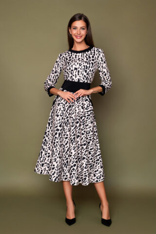 Λεοπάρ swing φόρεμα με κλος φούστα σε μίντι μήκος, με τσέπες, εβαζέ μέχρι το γόνατο για ένα εντυπωσιακό '50s look!