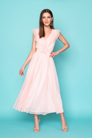 Ρομαντικό μίντι φόρεμα σε ροζ απόχρωση, με πουά τούλι και βολάν, ιδανικό για μια ιδιαίτερη καλοκαιρινή εμφάνιση.