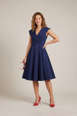 Εμπνευσμένο από τη δεκαετία του 1950, το ναυτικό φόρεμα της συλλογής μας προσφέρει μια καθαρή, κλασική σιλουέτα που κολακεύει κάθε σωματότυπο. Με τον εντυπωσιακό του γιακά και τη θηλυκή κλός γραμμή, είναι το ιδανικό φόρεμα για να δημιουργήσετε ένα chic navy look που αποπνέει φινέτσα και αυτοπεποίθηση.