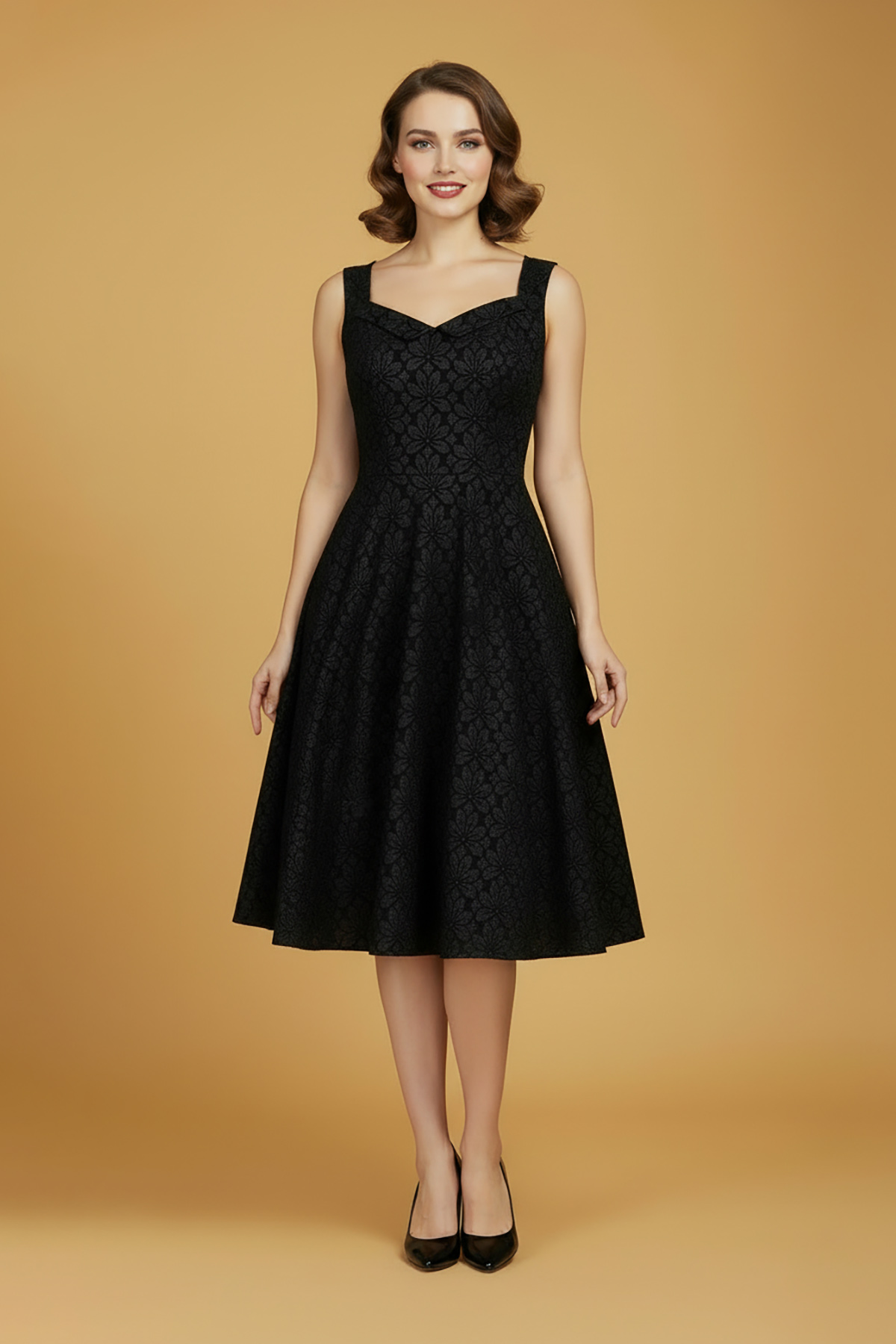 mavro-klos-forema-me-mpolero-2 Απολαύστε τη διαχρονική κομψότητα με το midi κλος φόρεμα με μπολερό, εμπνευσμένο από το vintage στυλ, σε μαύρο χρώμα και διακοσμημένο με ένα εξαιρετικό ανάγλυφο φλοράλ print. Το φόρεμα διαθέτει ένα κολακευτικό εφαρμοστό μπούστο που τονίζει τη μέση, που καταλήγει σε μια φαρδιά φούστα για χαριτωμένη κίνηση. Ένα εκλεπτυσμένο ντεκολτέ με πέτο προσθέτει μια πινελιά ρετρό γοητείας, ενώ το ασορτί μπολερό που περιλαμβάνεται ολοκληρώνει την sophisticated εμφάνιση. Ιδανικό για επίσημες περιστάσεις ή για μια κομψή δήλωση οποιαδήποτε μέρα της εβδομάδας.