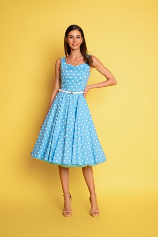 Κλος φόρεμα σε μεσάτη γραμμή, με μπούστο καρδιά και μήκος μέχρι το γόνατο, από ελαστικό γαλάζιο ύφασμα με πουά print, ιδανικό για μια εντυπωσιακή εμφάνιση!