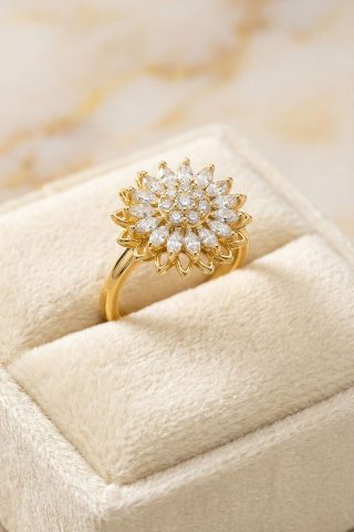 Vintage δαχτυλίδι από ατσάλι, με περιστρεφόμενο λουλούδι σε χρώμα χρυσό.