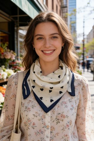 Ρετρό ιβουάρ φουλάρι με μαύρες καρδούλες, από μαλακό σατινέ ύφασμα που μπορεί εύκολα να φορεθεί και ως κορδέλα για τα μαλλιά. 