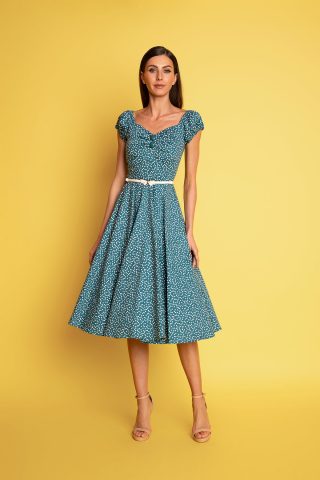 Ρετρό μίντι κλος πετρόλ φόρεμα σε vintage γραμμή με λευκά πουά, διαχρονικό και ιδανικό να φορεθεί από το πρωί μέχρι το βράδυ.