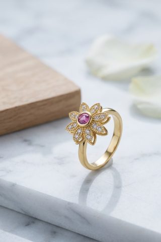 Εμπνευσμένο από τα περίτεχνα κοσμήματα των βασιλικών αυλών, αυτό το δαχτυλίδι σε σχήμα λουλουδιού είναι κάτι παραπάνω από ένα απλό αξεσουάρ. Με ένα κεντρικό βιολετί κρύσταλλο και πέταλα στολισμένα με λαμπερά ζιργκόν, προσφέρει μια μοναδική αίσθηση πολυτέλειας, ενώ το στοιχείο της κίνησης το καθιστά ακαταμάχητο.