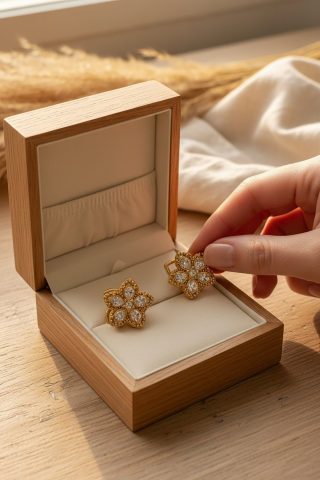 Μαγνητίστε τα βλέμματα με αυτά τα μοναδικά, "ζωντανά" σκουλαρίκια. Κάθε σκουλαρίκι διαθέτει ένα περίτεχνο χρυσό πλαίσιο σε σχήμα λουλουδιού με κρύσταλλους. Ο σχεδιασμός τους είναι περιστρεφόμενος, επιτρέποντας στο κεντρικό μέρος του λουλουδιού να περιστρέφεται ελαφρά με κάθε σας κίνηση, δημιουργώντας ένα ατελείωτο παιχνίδι λάμψης και αντανάκλασης του φωτός. Είναι ένα κόσμημα με vintage-inspired αισθητική, που κρύβει μια παιχνιδιάρικη έκπληξη.