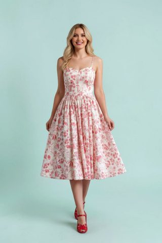 Το Vintage Corset Φόρεμα είναι η επιτομή του ρομαντισμού. Ένα μοναδικό midi φόρεμα που συνδυάζει την αισθητική του κλασικού κορσέ με ένα καλλιτεχνικό, bespoke τύπωμα που δεν θα βρείτε πουθενά αλλού. Το "tea floral" μοτίβο σε κρεμ και σκούρο ροζ προσδίδει μια vintage φινέτσα, κάνοντάς το ιδανικό για τις πιο ξεχωριστές σας στιγμές.