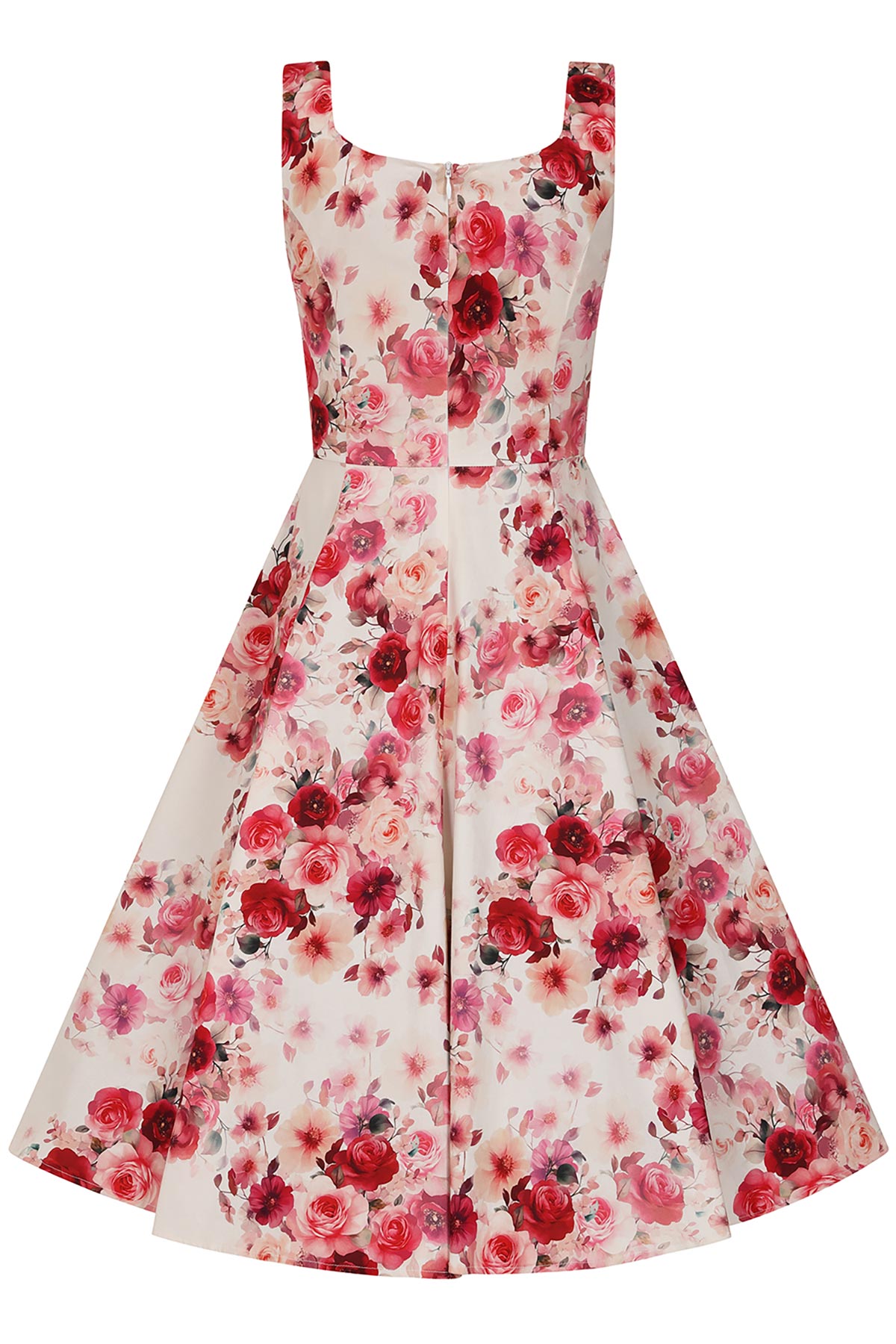 50s-floral-forema-london-5 Μαγνητίστε τα βλέμματα με το 50s Φλοράλ Φόρεμα London, μια ρομαντική συνάντηση της κλασικής vintage σιλουέτας με ένα εντυπωσιακό, νέο floral print. Σχεδιασμένο με μια ζεστή ιβουάρ βάση γεμάτη από ζωγραφισμένα κόκκινα και ροζ άνθη, αυτό το φόρεμα φέρνει μια ακαταμάχητη γοητεία στη γκαρνταρόμπα σας. Το εφαρμοστό μπούστο διαθέτει μια απαλή, θηλυκή λαιμόκοψη καρδιά και φαρδιές, σταθερές τιράντες που ισορροπούν τέλεια τη σιλουέτα. Η μέση στενεύει διακριτικά πριν καταλήξει σε μια πλούσια, γεμάτη κίνηση swing φούστα, ιδανική για να απογειώσει το εμβληματικό ρετρό look που λατρεύουμε. Είτε πρόκειται για ένα απογευματινό garden party, μια επίσημη εκδήλωση, είτε απλά θέλετε να προσθέσετε κομψότητα στην καθημερινότητά σας, το φόρεμα αυτό ζωντανεύει τον vintage ρομαντισμό σε κάθε σας βήμα.
