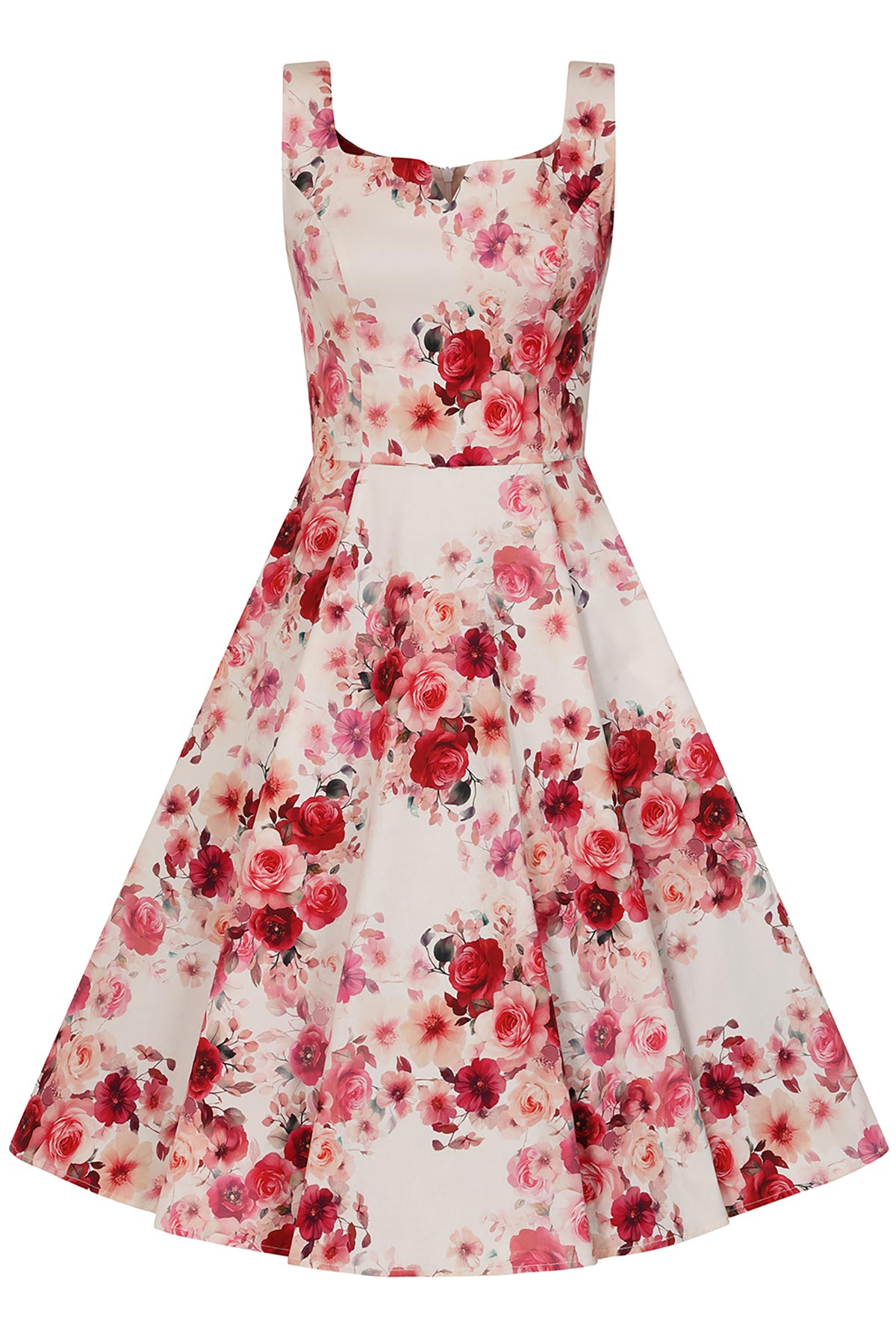 50s-floral-forema-london-6 Μαγνητίστε τα βλέμματα με το 50s Φλοράλ Φόρεμα London, μια ρομαντική συνάντηση της κλασικής vintage σιλουέτας με ένα εντυπωσιακό, νέο floral print. Σχεδιασμένο με μια ζεστή ιβουάρ βάση γεμάτη από ζωγραφισμένα κόκκινα και ροζ άνθη, αυτό το φόρεμα φέρνει μια ακαταμάχητη γοητεία στη γκαρνταρόμπα σας. Το εφαρμοστό μπούστο διαθέτει μια απαλή, θηλυκή λαιμόκοψη καρδιά και φαρδιές, σταθερές τιράντες που ισορροπούν τέλεια τη σιλουέτα. Η μέση στενεύει διακριτικά πριν καταλήξει σε μια πλούσια, γεμάτη κίνηση swing φούστα, ιδανική για να απογειώσει το εμβληματικό ρετρό look που λατρεύουμε. Είτε πρόκειται για ένα απογευματινό garden party, μια επίσημη εκδήλωση, είτε απλά θέλετε να προσθέσετε κομψότητα στην καθημερινότητά σας, το φόρεμα αυτό ζωντανεύει τον vintage ρομαντισμό σε κάθε σας βήμα.