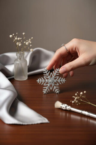 Ανακαλύψτε τη λαμπερή ασημένια καρφίτσα snowflake. Στολισμένη με λαμπερά στρας, προσθέτει γιορτινή πολυτέλεια και vintage γοητεία σε παλτό, ζακέτες, μπερέδες ή βραδινά φορέματα.