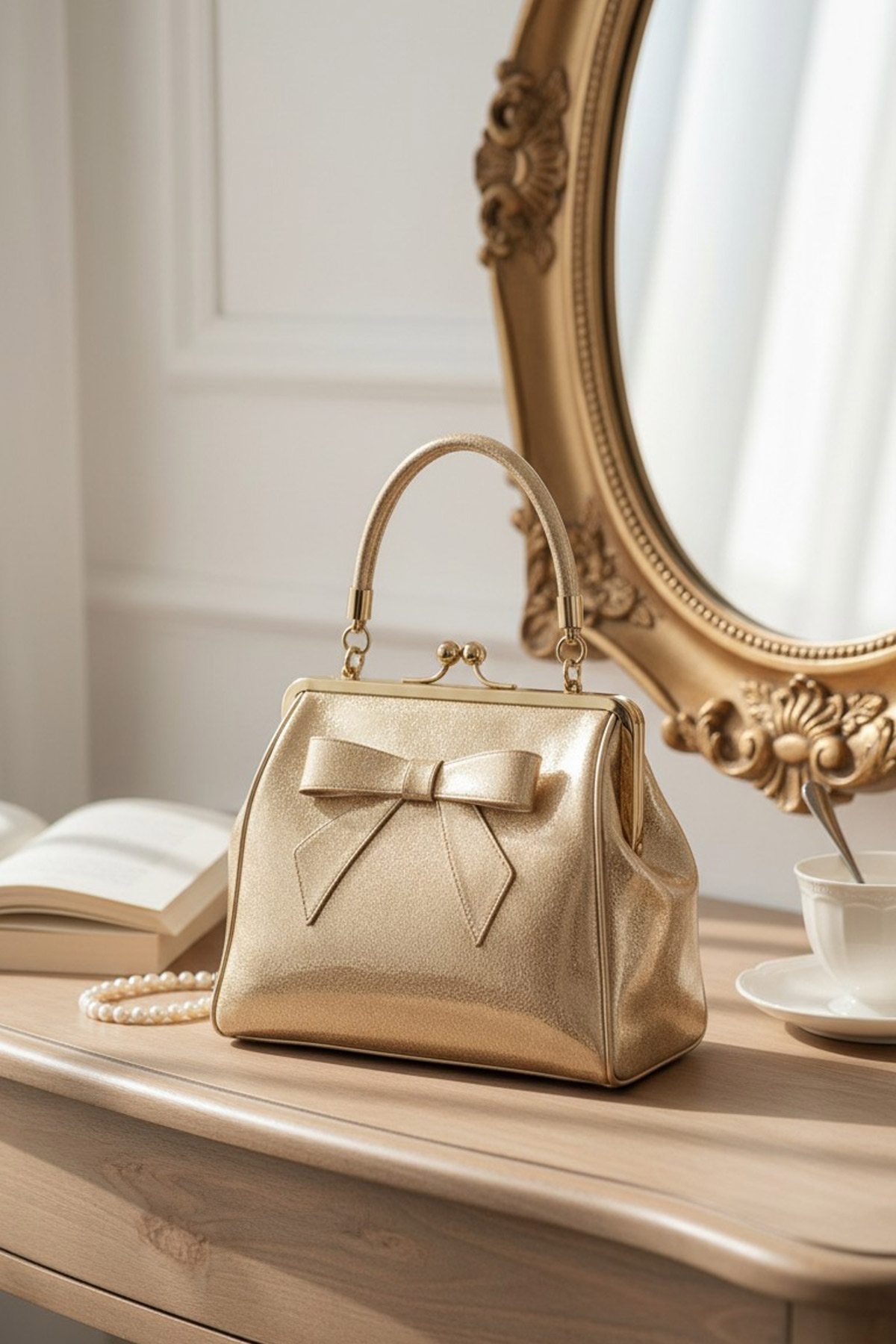 gold-glitter-tsanta-vintage-3 Ρετρό τσάντα χειρός & ώμου σε διακριτικό χρυσαφί χρώμα με εντυπωσιακό φινίρισμα glitter, vintage κλείσιμο kisslock, χρυσές μεταλλικές λεπτομέρειες και διακοσμητικό φιόγκο. Περιλαμβάνει αποσπώμενο λουράκι για να φοριέται στον ώμο, προσθέτοντας 50s λάμψη σε κάθε επίσημη ή βραδινή εμφάνιση.