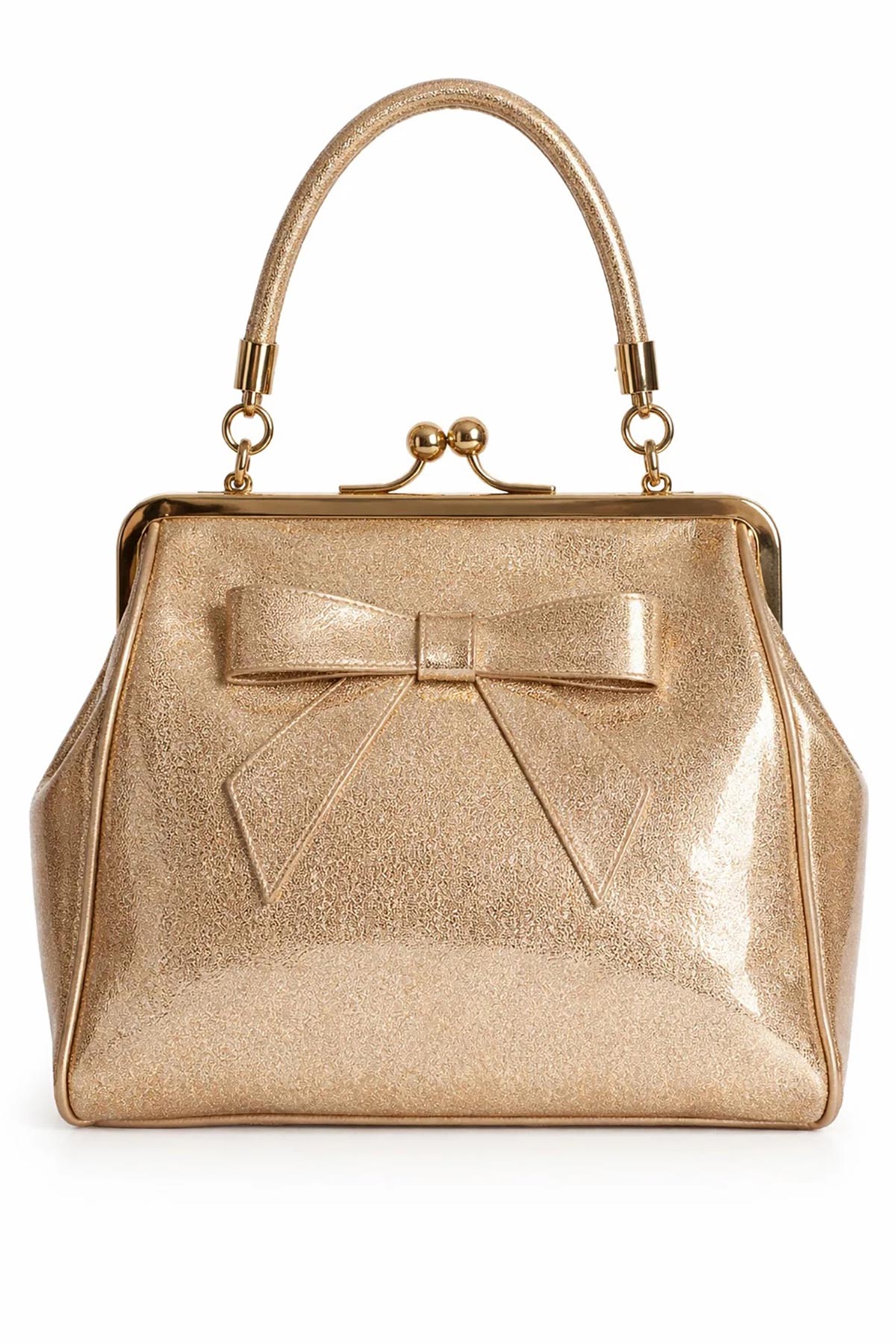 gold-glitter-tsanta-vintage-6 Ρετρό τσάντα χειρός & ώμου σε διακριτικό χρυσαφί χρώμα με εντυπωσιακό φινίρισμα glitter, vintage κλείσιμο kisslock, χρυσές μεταλλικές λεπτομέρειες και διακοσμητικό φιόγκο. Περιλαμβάνει αποσπώμενο λουράκι για να φοριέται στον ώμο, προσθέτοντας 50s λάμψη σε κάθε επίσημη ή βραδινή εμφάνιση.