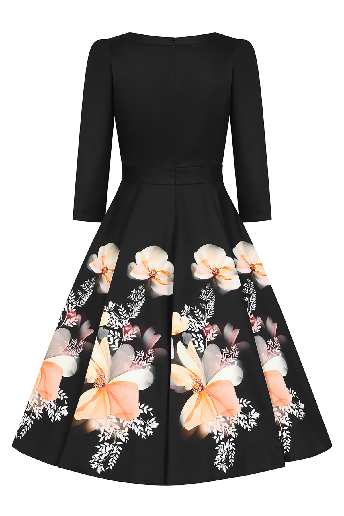 mavro-floral-vintage-forema-2 Ανακαλύψτε το απόλυτο μαύρο φλόραλ swing φόρεμα με vintage αισθητική. Διαθέτει κομψή λαιμόκοψη χαμόγελο με διακριτικό άνοιγμα keyhole, μανίκια 3/4 και πλούσια κλος φούστα με εντυπωσιακό λουλουδάτο τελείωμα. Οι πρακτικές κρυφές τσέπες και το ελαστικό βαμβακερό ύφασμα προσφέρουν άνεση και διαχρονικό στυλ.