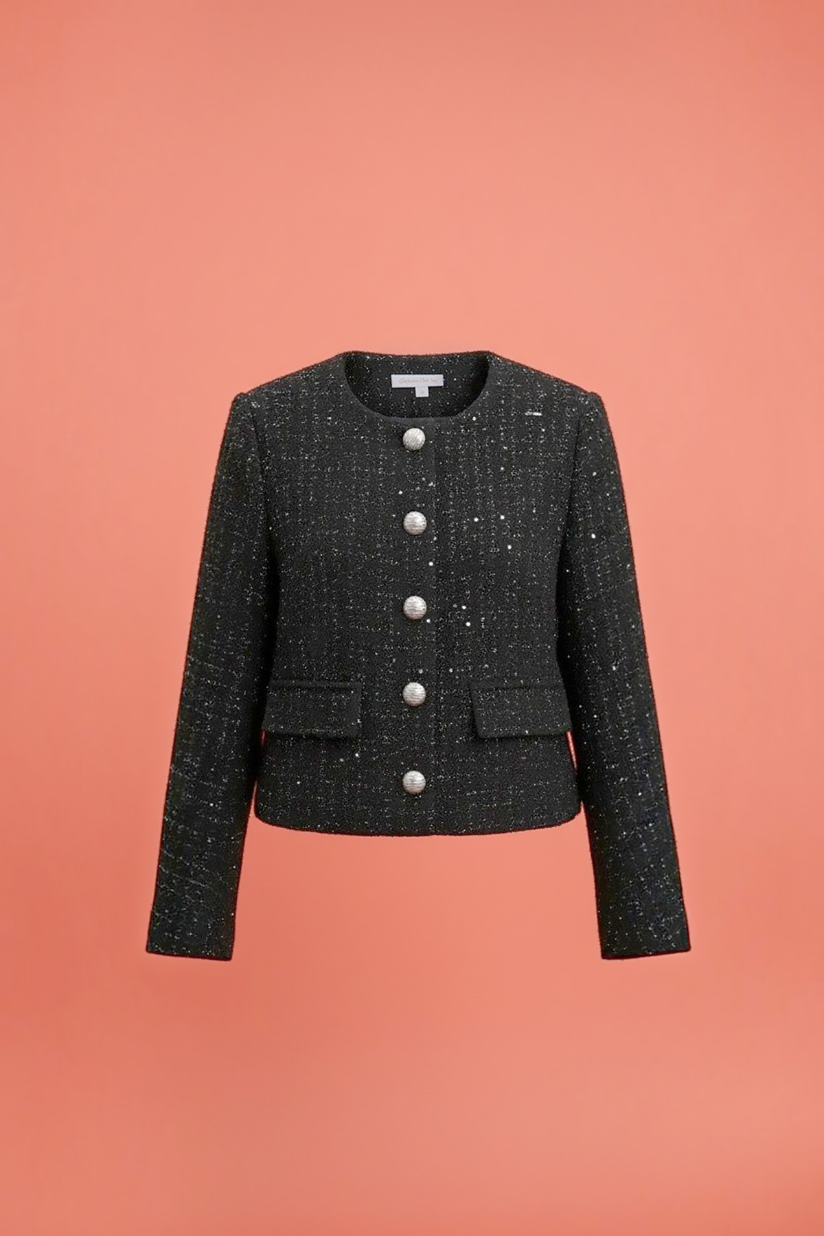 mavro-tweed-sakaki-2 Μαύρο tweed σακάκι με μακριά μανίκια και κουμπιά μπροστά, από ανάγλυφο ύφασμα με λαμπερές λεπτομέρειες, ιδανικό να συνοδεύσει μια επίσημη εμφάνιση!