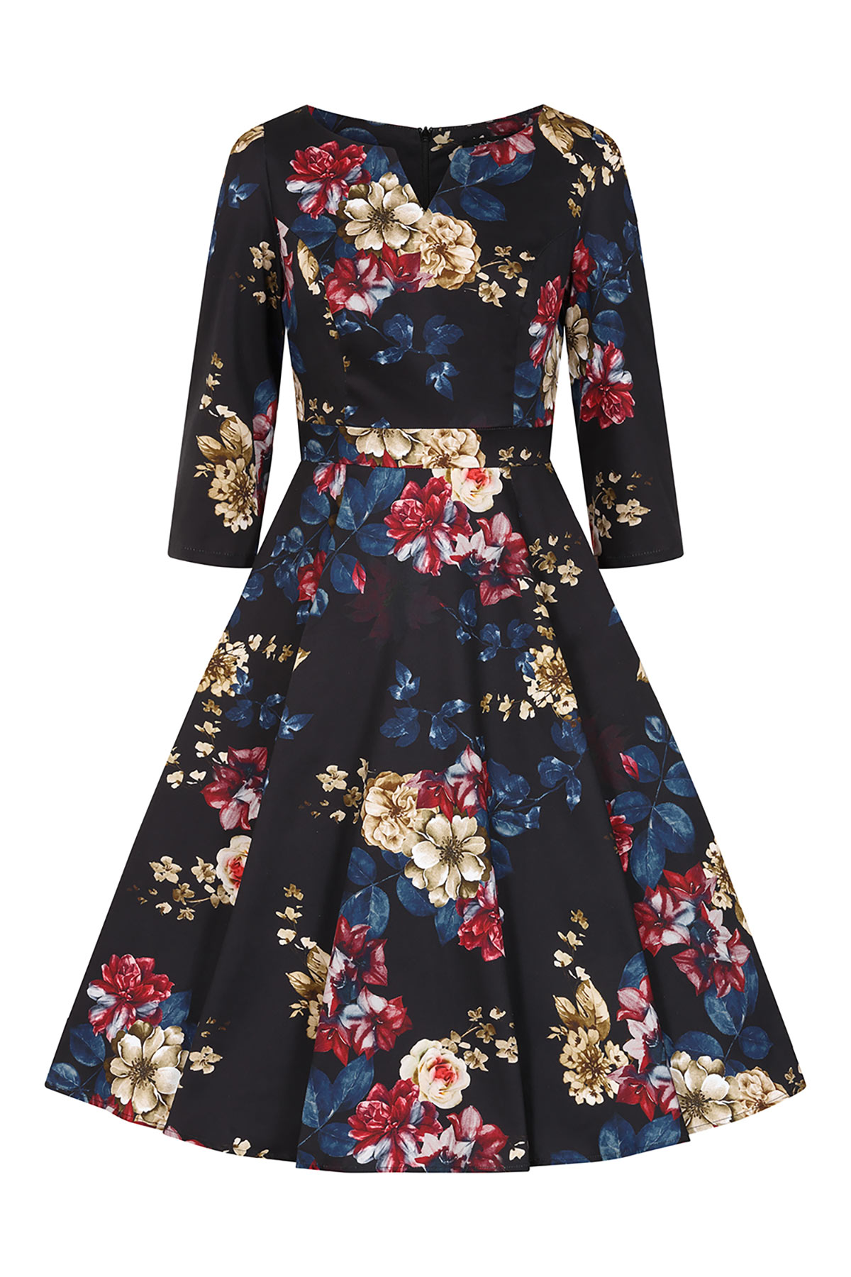 vintage-floral-forema-me-hamogelo-4 Vintage φόρεμα με κλος φούστα μέχρι το γόνατο, με υπέροχο floral print, στρογγυλή λαιμουδιά με μικρό V, φάσα στη μέση και 3/4 μανίκια. Η διαχρονική γραμμή, με τον εφαρμοστό κορμό και την κλος φούστα, τονίζει τη σιλουέτα και μαζί με το μαλακό και ελαστικό ύφασμα το κάνουν ιδανικό φόρεμα για όλες τις ώρες!